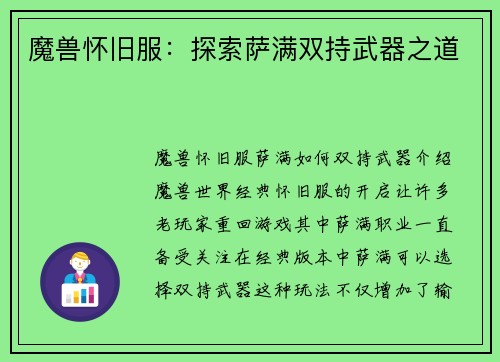 魔兽怀旧服：探索萨满双持武器之道